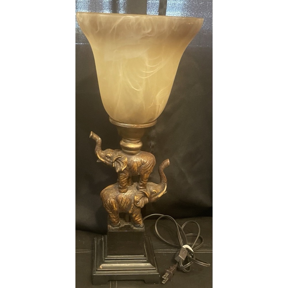 Elephant Table Lamp with Frosted Glass Shade, Stacked Elephants Home Decor 18.5"